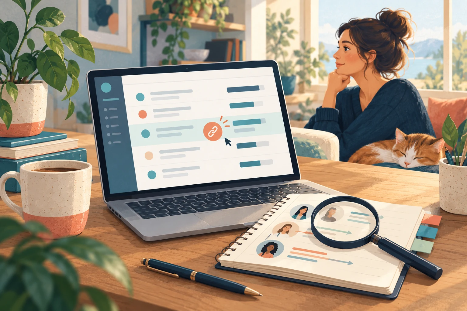 An illustrated workspace with an organised analytics report and notes for reviewing reader interest