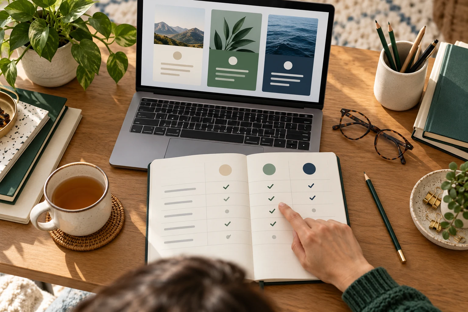 A person comparing three unbranded product options using a notebook beside a laptop