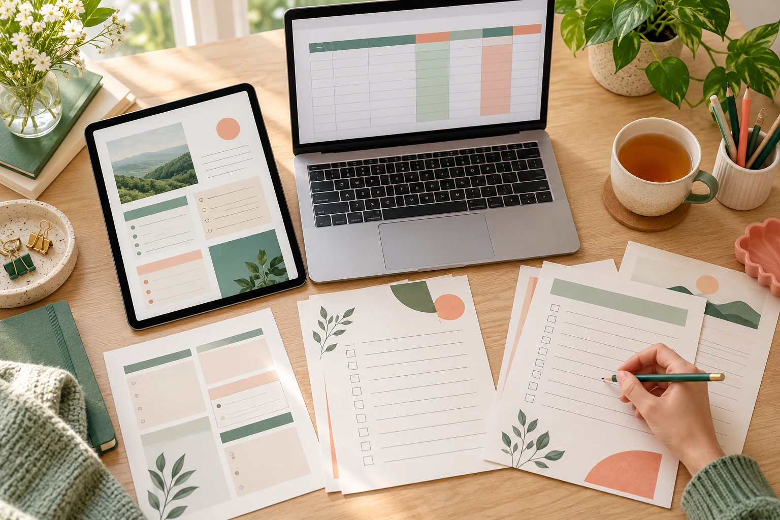 A home desk with printable worksheets, a tablet displaying a guide and a laptop showing a simple spreadsheet