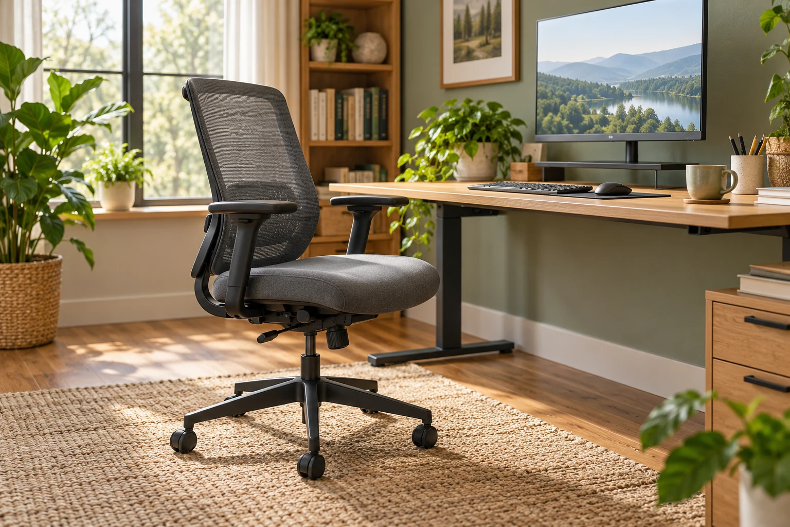 Illustrative home workspace with an adjustable office chair and separate monitor, keyboard and mouse