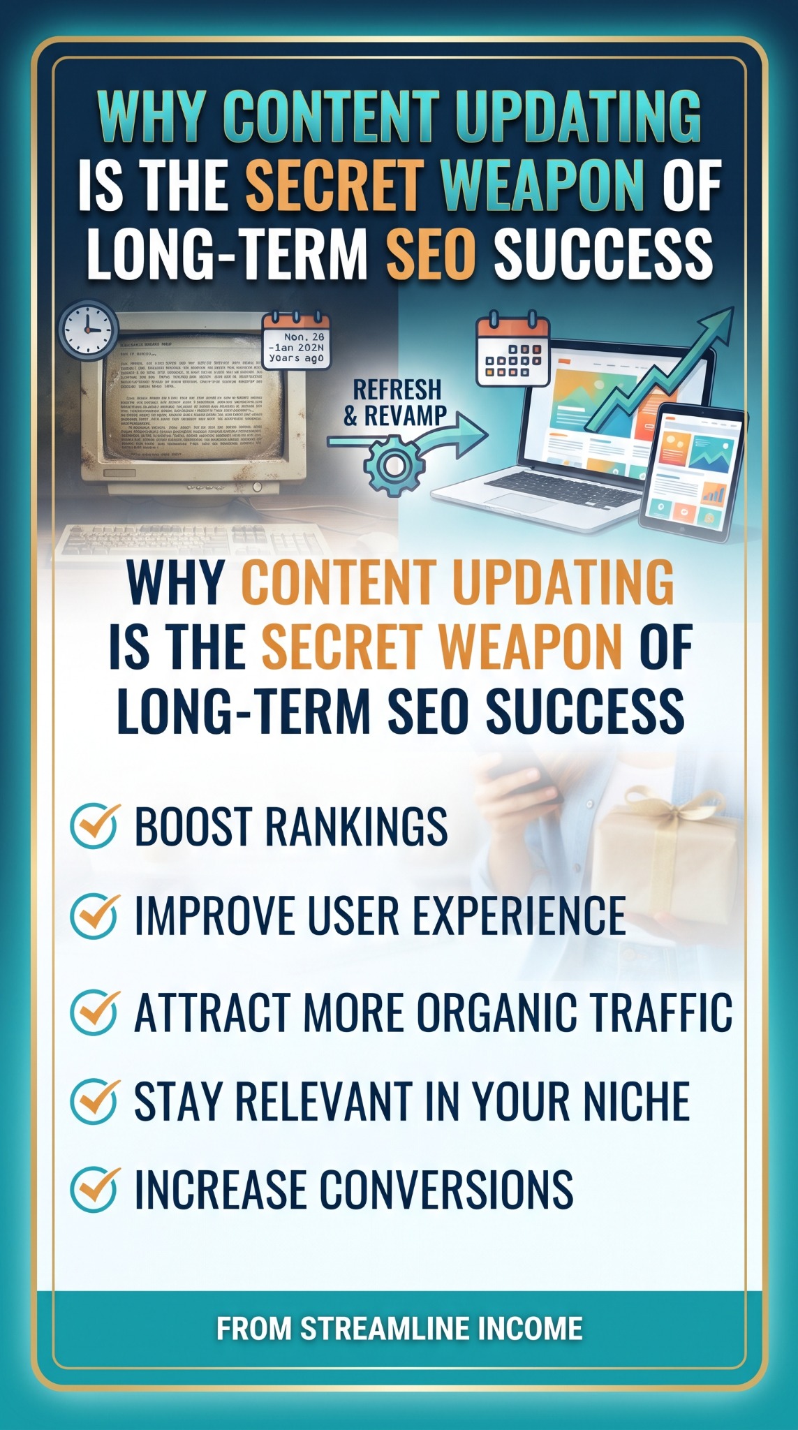 Streamline Income Pinterest pin encouraging content updates to improve usefulness, relevance, organic traffic and conversions