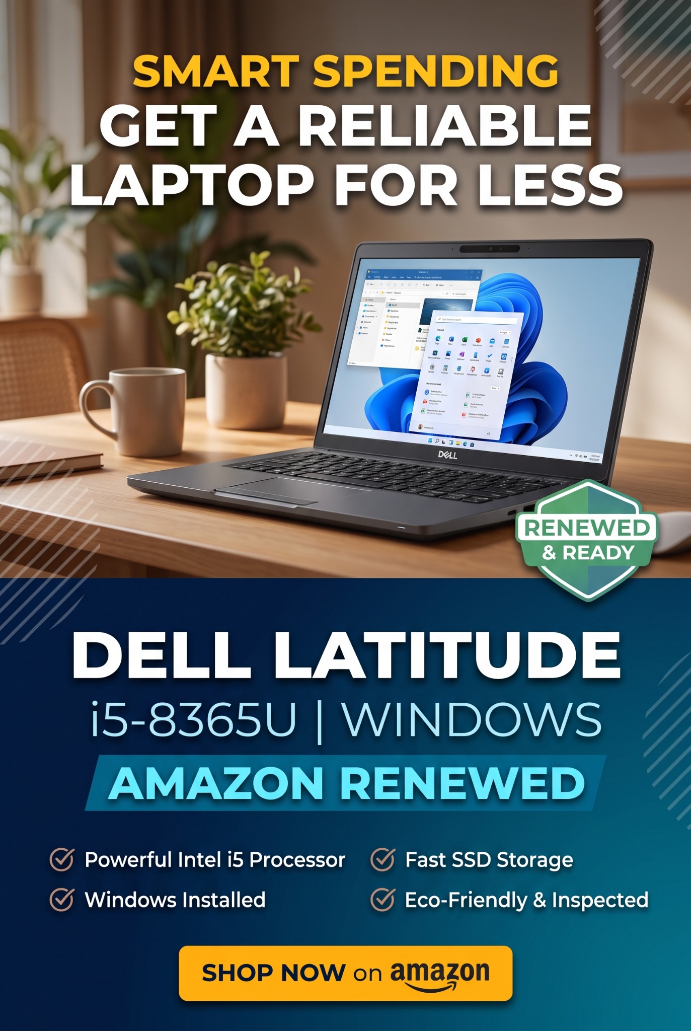 Streamline Income promotional pin featuring a renewed Dell Latitude laptop for budget-conscious home workers