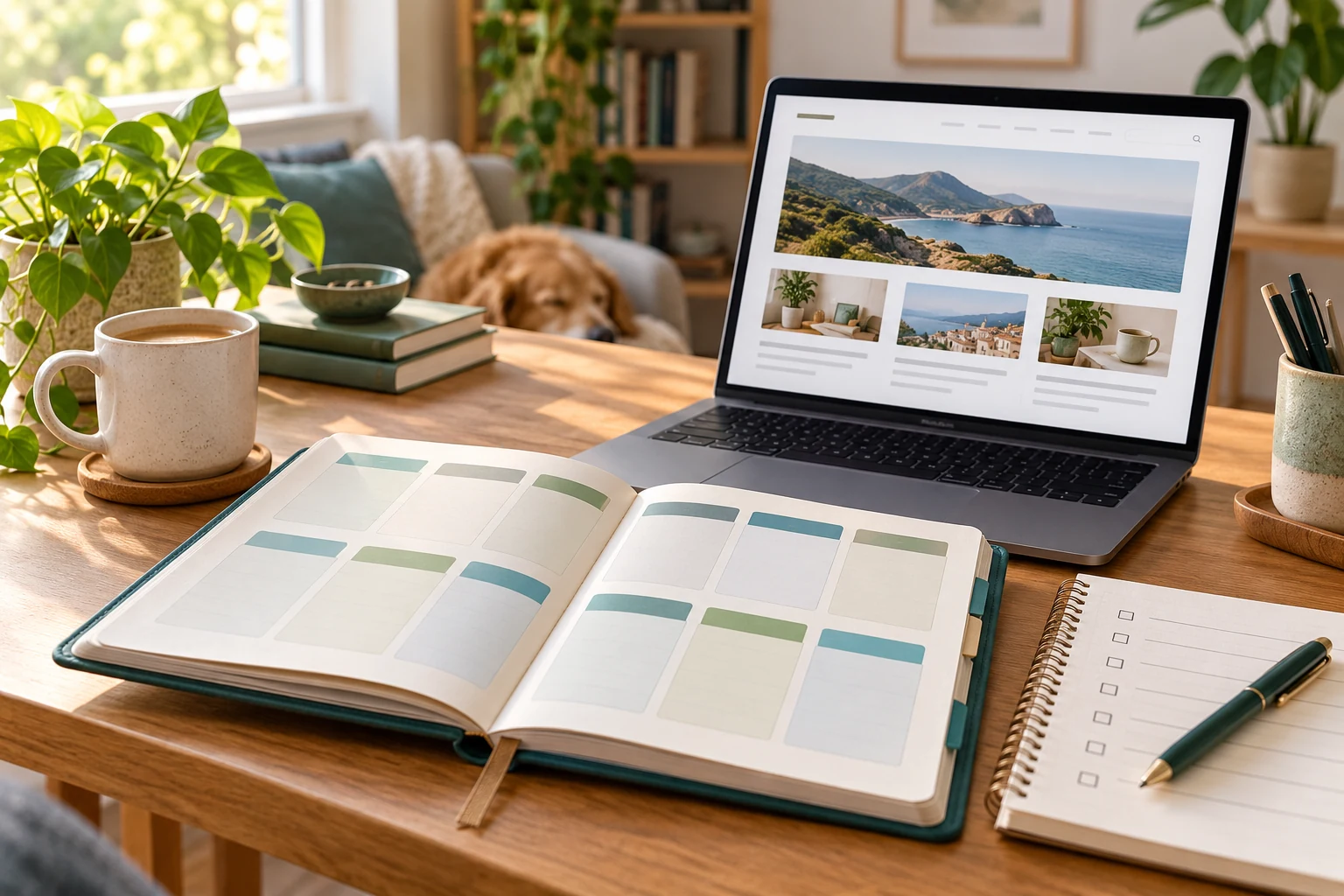 Open planner and checklist beside a laptop displaying a content website in a sunlit workspace