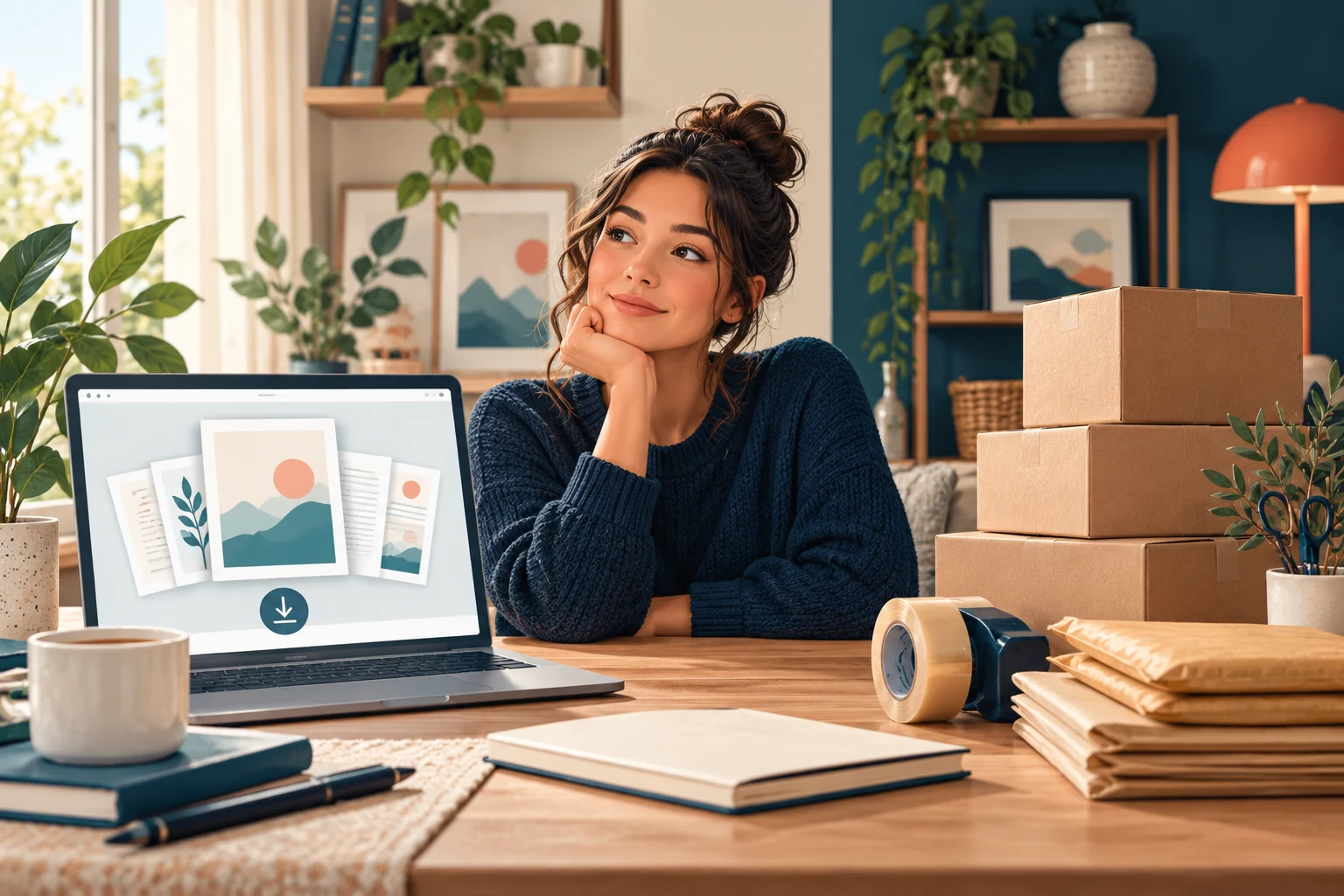An illustrated business owner considering a digital workbook on a laptop beside shipping boxes and packing supplies