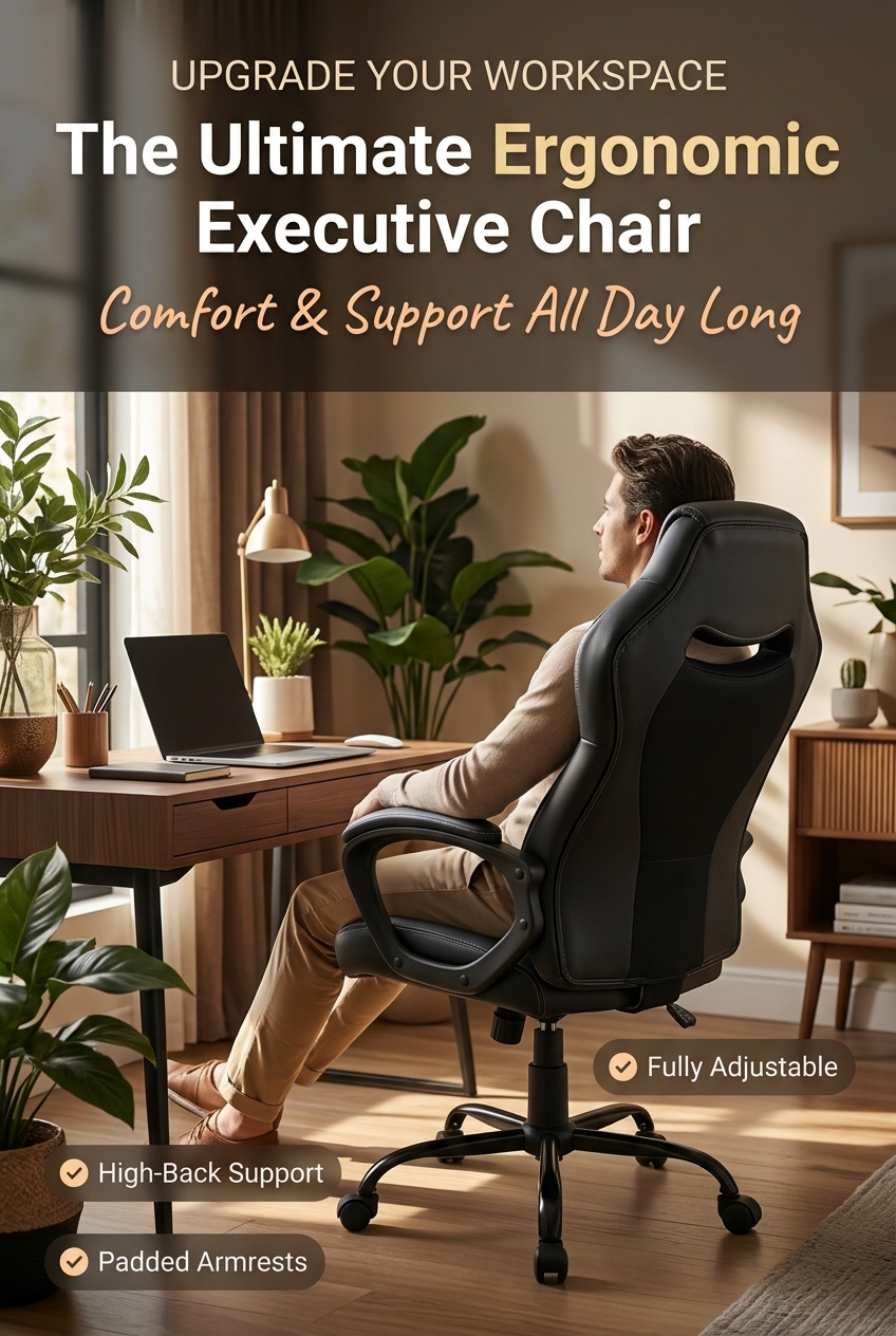 Promotional image showing a high-back executive-style chair in a home office