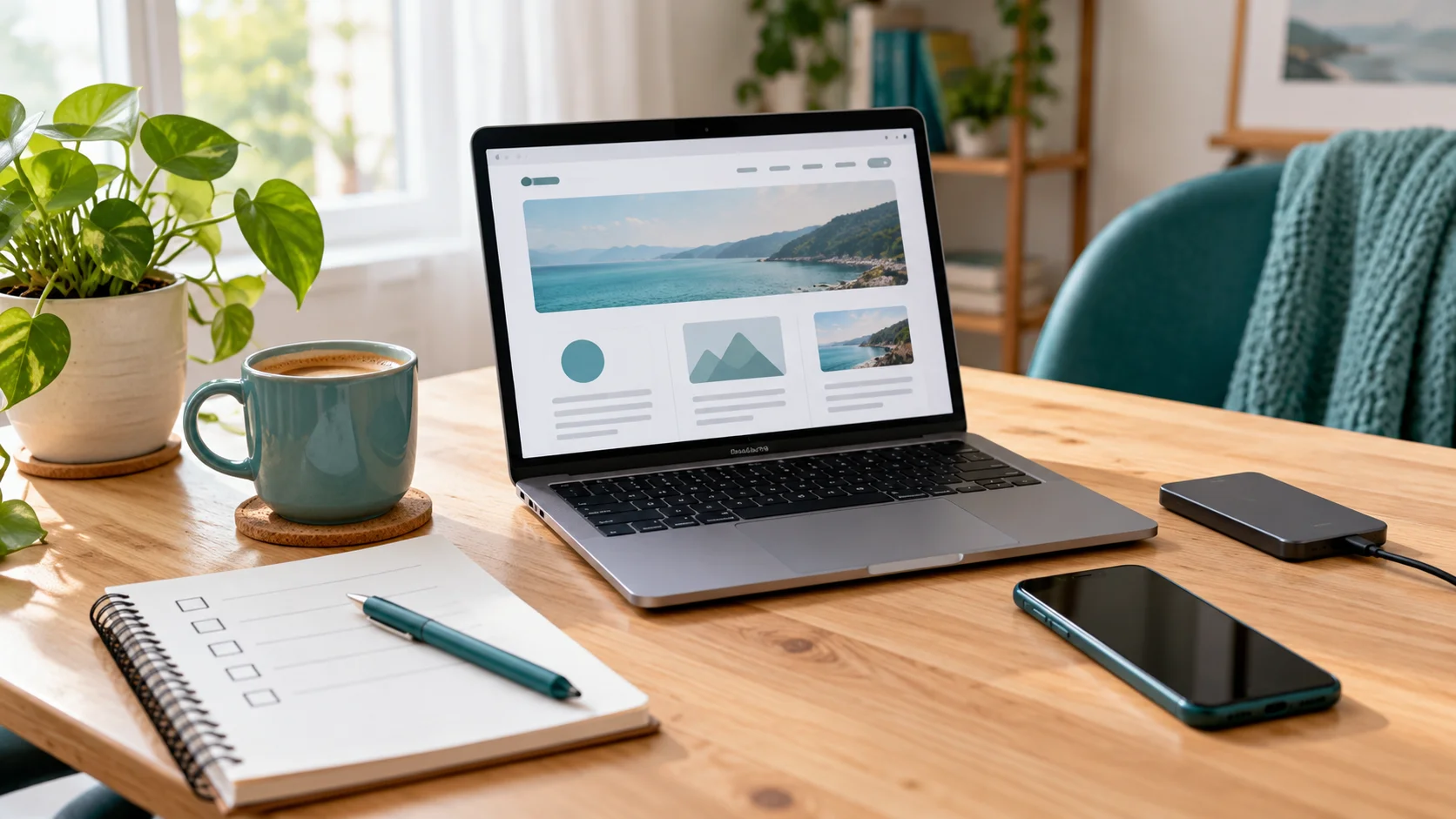A simple home workspace with a laptop, checklist, phone and backup drive