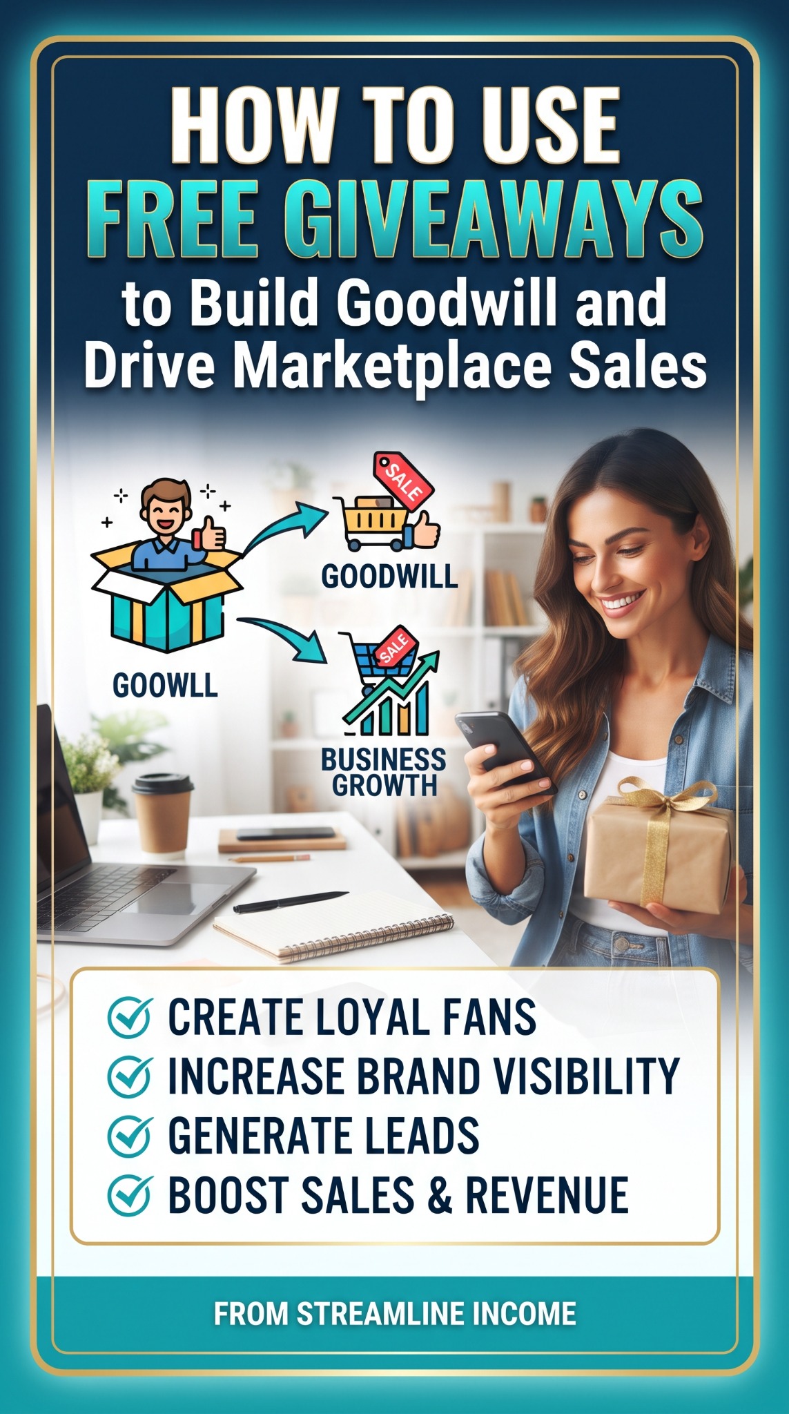 Streamline Income Pinterest pin: free giveaways to build goodwill, increase visibility, generate leads and support marketplace sales