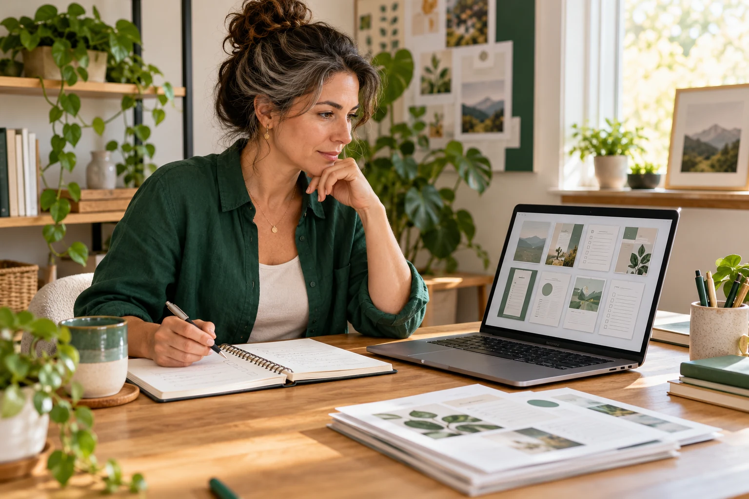 A freelancer comparing client notes with reusable digital templates in a bright home studio