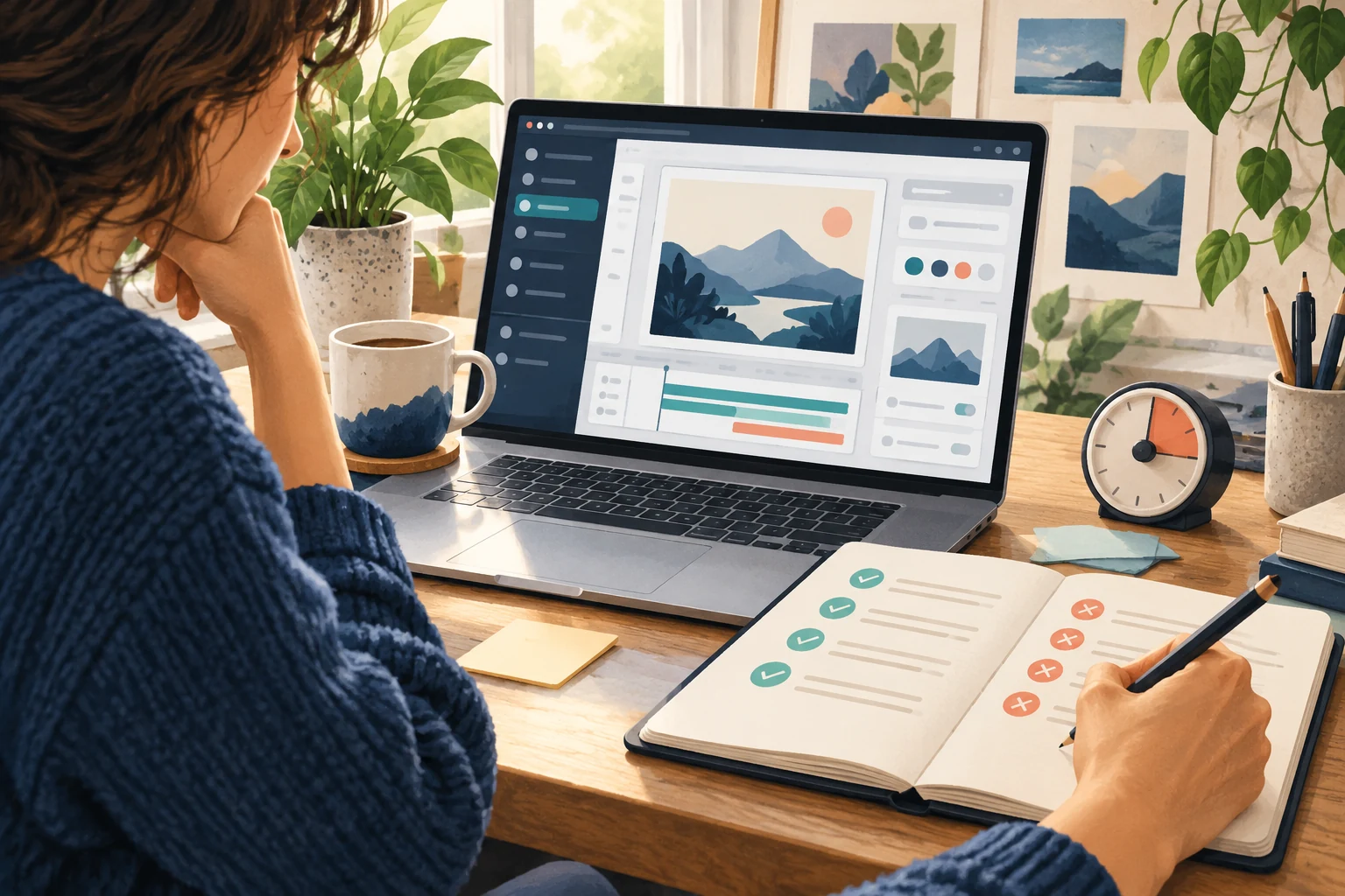 An illustrated reviewer testing software on a laptop and recording useful features and limitations in a notebook