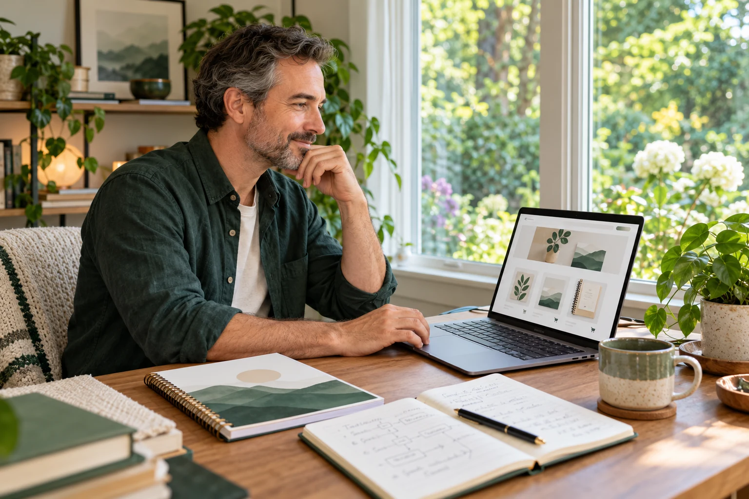 An independent business owner reviewing a simple online shop beside a sample workbook in a quiet home office