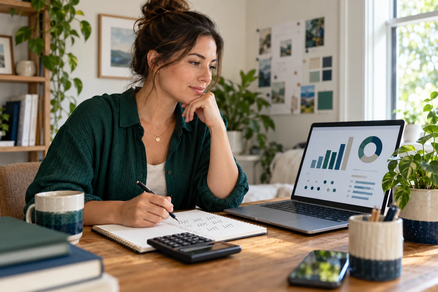 A small business owner reviewing an illustrative marketing dashboard beside a notebook and calculator
