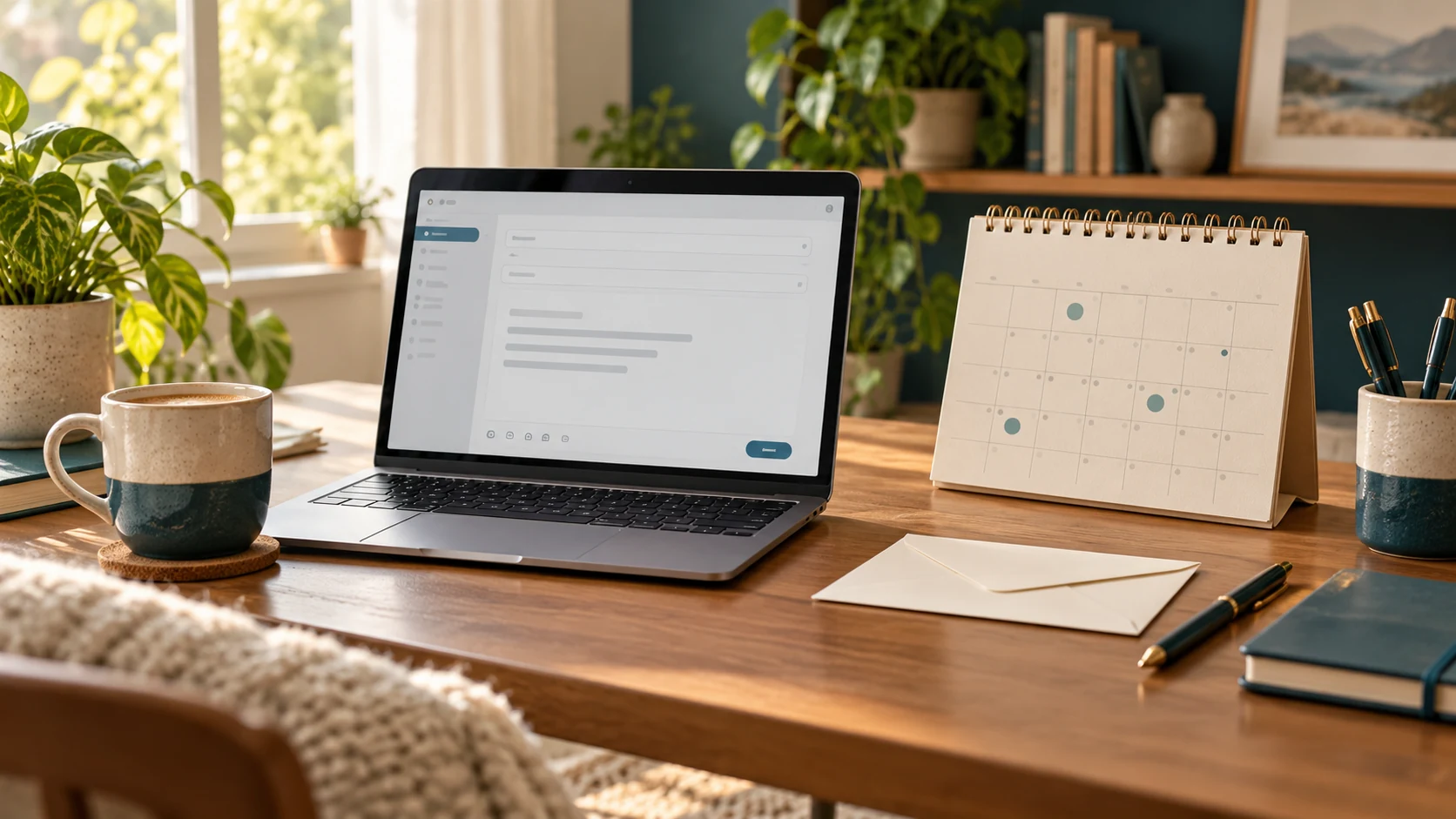 A calm desk with an email draft on a laptop, an envelope and a calendar illustrating a manageable newsletter schedule