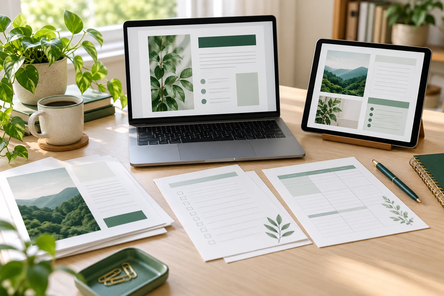 Laptop and tablet displaying document layouts beside printed worksheets and checklists on a bright desk