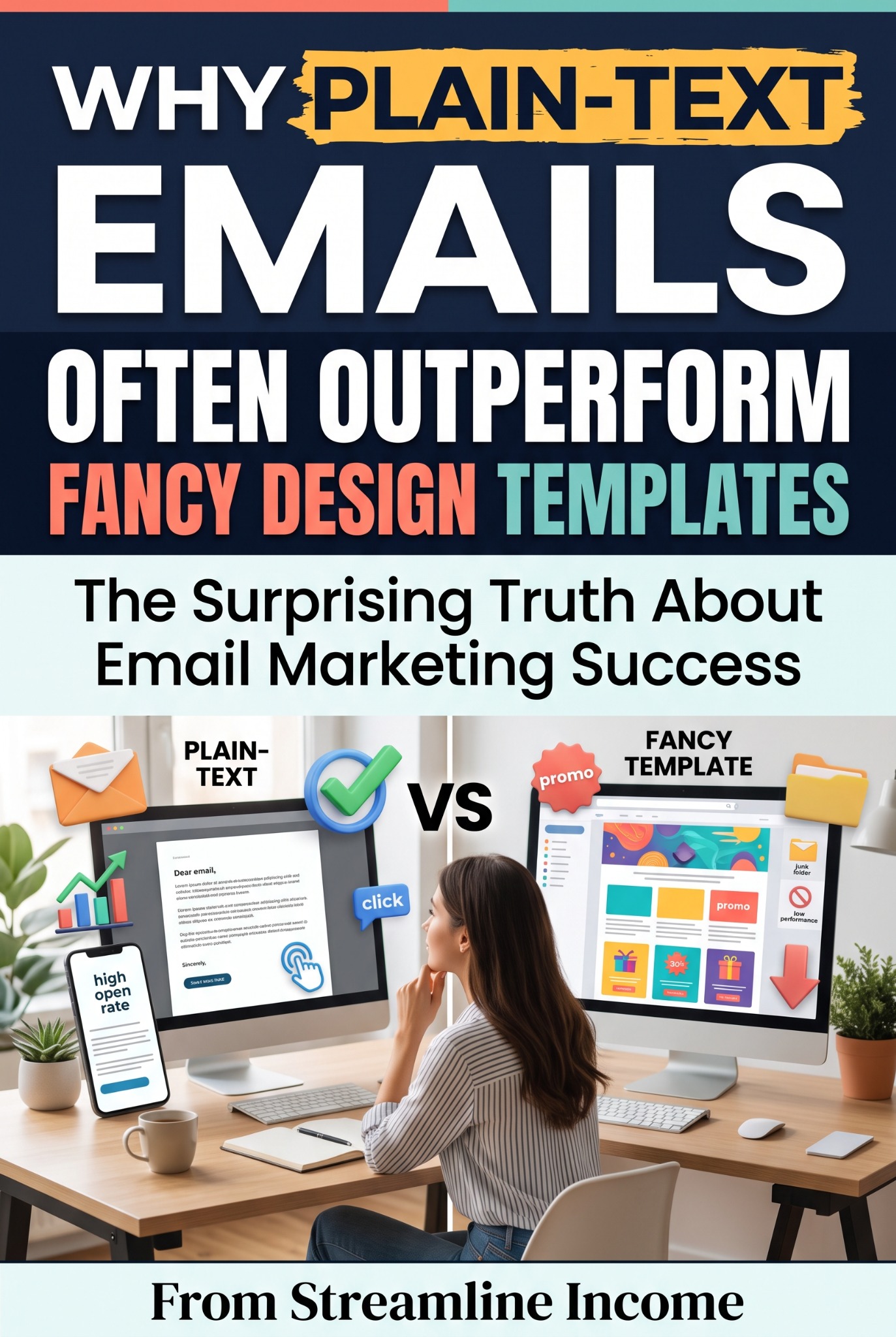 Streamline Income promotional graphic contrasting a simple text-led email with a colourful marketing template