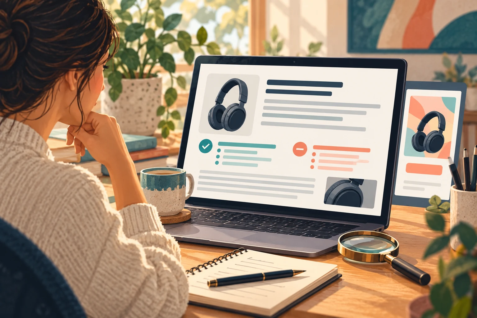 An illustrated reader examining a product review with benefits and drawbacks beside a smaller product advertisement