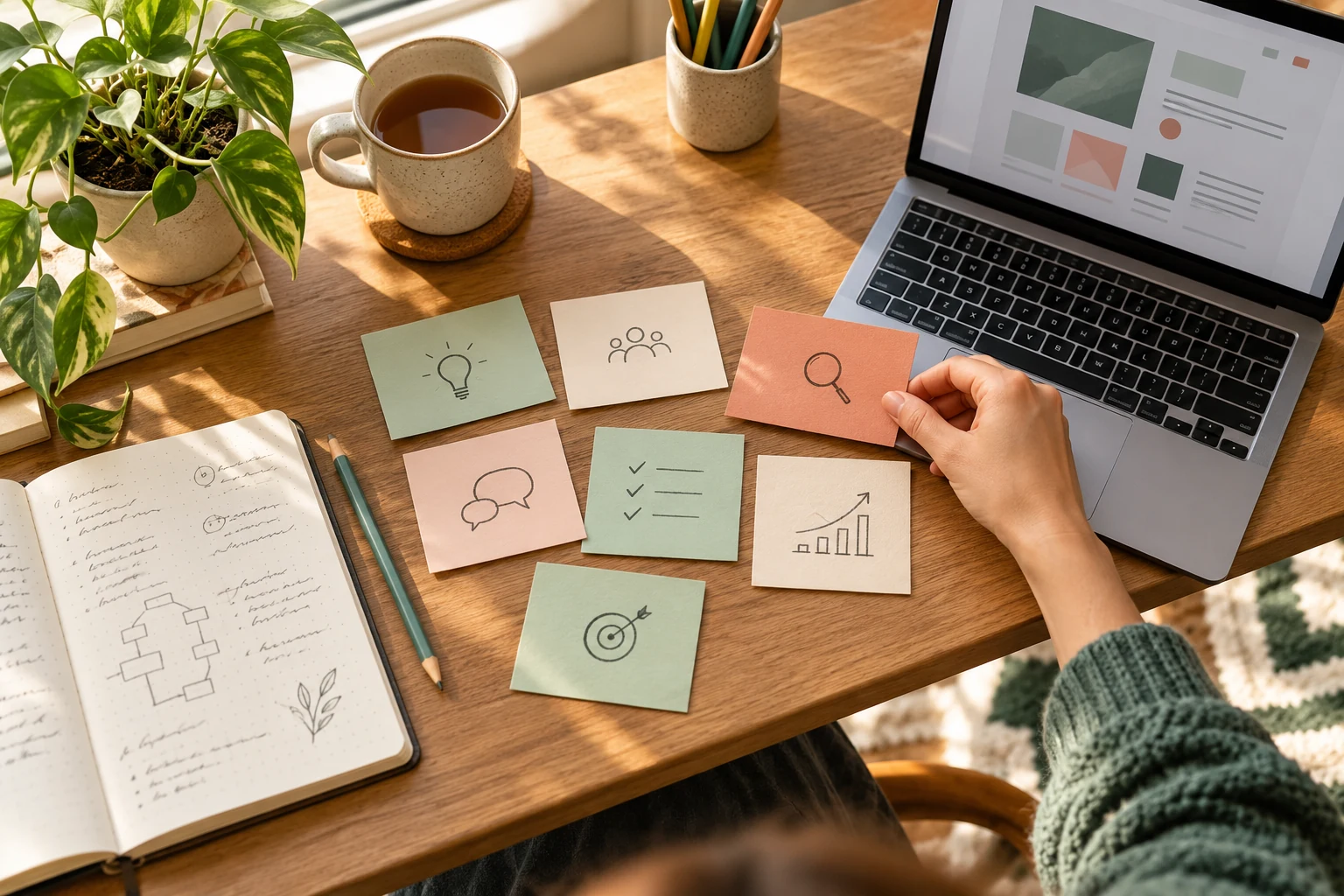 A sunlit desk with seven planning cards, a notebook and a laptop displaying a simple prototype